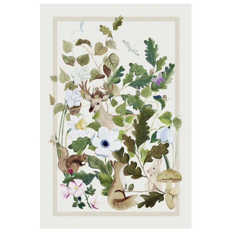 Strofinaccio 100% lino decorato con animali del bosco, dimensioni 75 x 50 cm, made in Italy